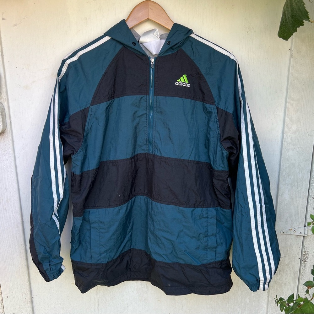 Vintage Retro Adidas Striped Quarter Zip with Hood Size Medium